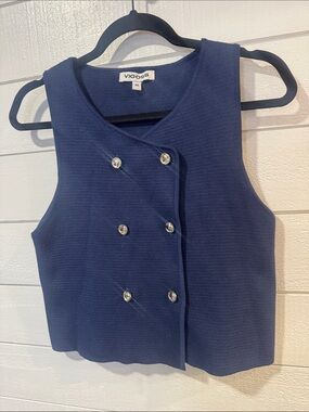 Vigoss Navy Knit Double-Breasted Sleeveless Crop Top- MEDIUM